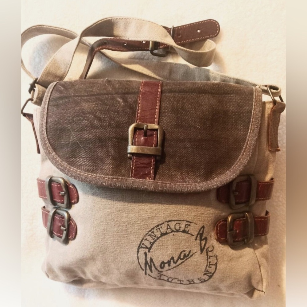 MONA B Handbag Adj. Shoulder Strap Earth Tones Distressed Canvas Brand